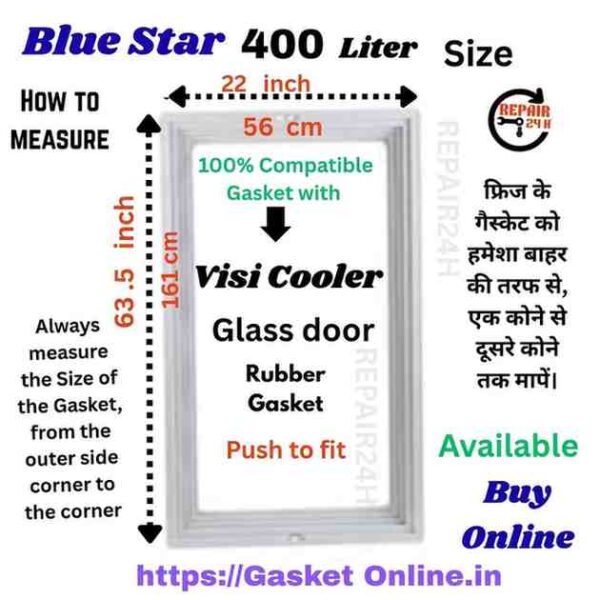 Blue Star 400L Visi Cooler magnetic door gasket size specification, high-grade replacement rubber seal for commercial refrigeration.