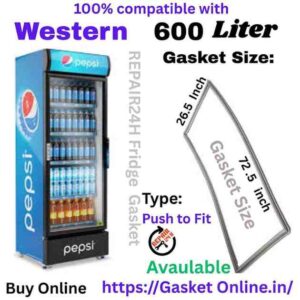 Western 600 Liter Visi Cooler ka replacement magnetic rubber door gasket (grey) coiled, specific technical profile, identification, aur dimension guide plaque (26.5 x 72.5 inches / 67 x 184 cm) ke saath, commercial glass door fridge application ke liye, image_8.png visual detail mein.